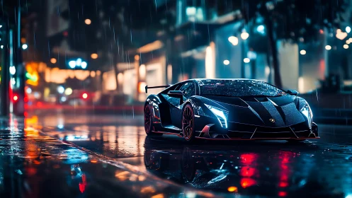 Rain-soaked hypercar under neon bokeh with reflective wet asphalt