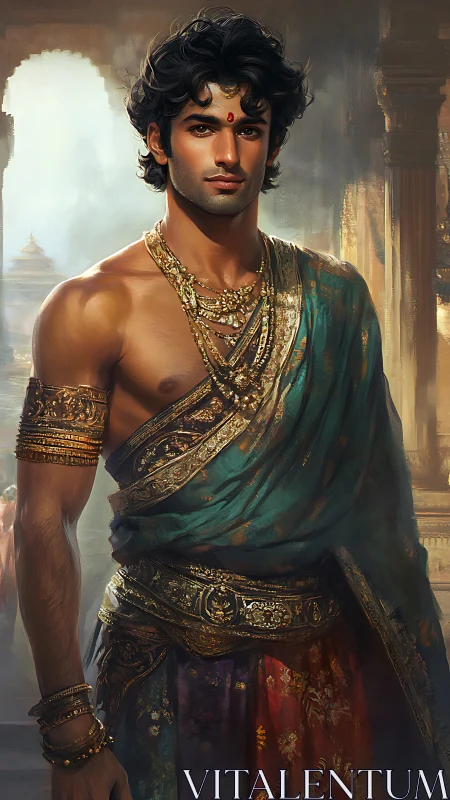 Regal young man in ornate traditional Indian attire.