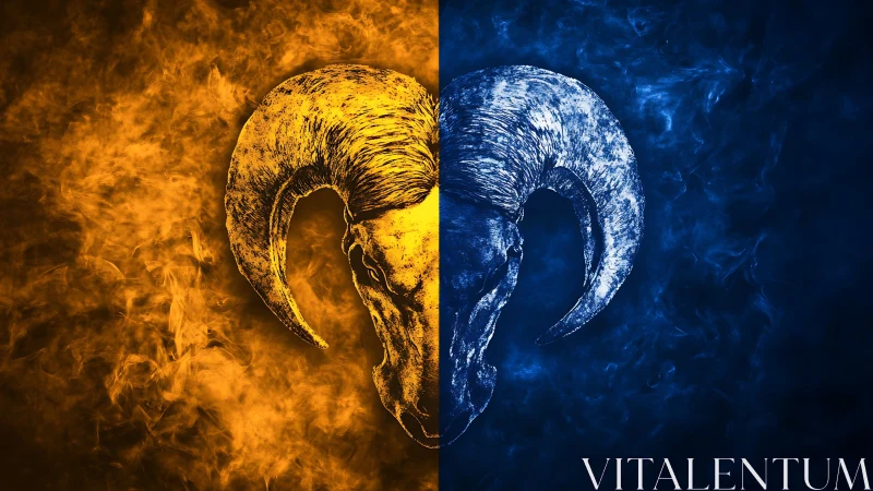 Bipolar fiery‑cold ram skull in chromatic dual symmetry.