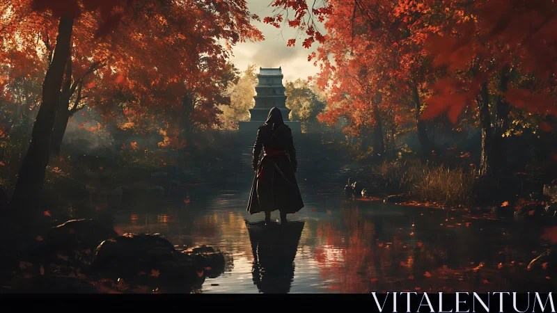 Cloaked figure in autumnal temple creek under cinematic backlight.