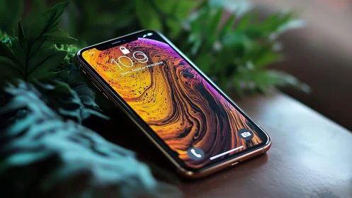 iPhone with Vibrant Liquid Metal Wallpaper Displaying Warm Orange-to-Purple Color Gradient