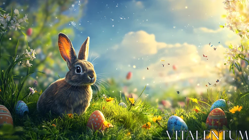 Digitally rendered rabbit sits among decorated eggs outdoors.
