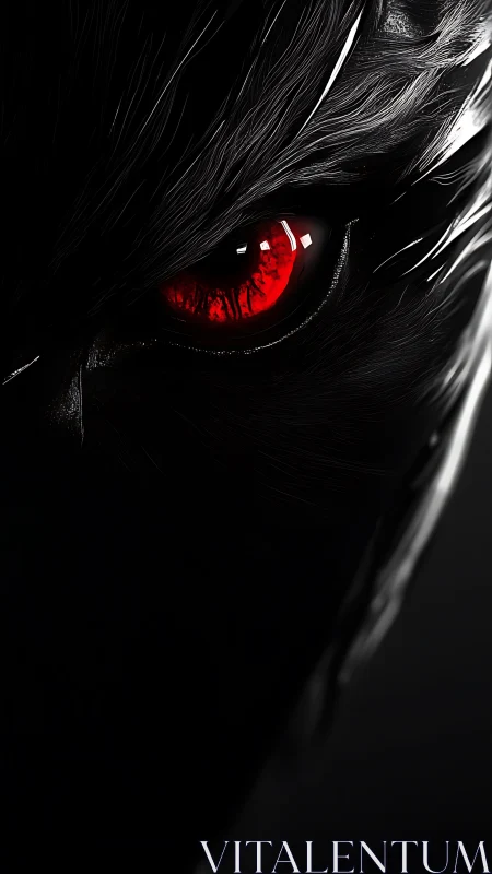 Red glowing eye embedded in dark, featherlike texture