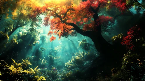 Mystical Forest Canopy with Crimson Foliage and Ethereal Light.
