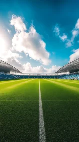 Empty football stadium pitch under daytime clouded sky.