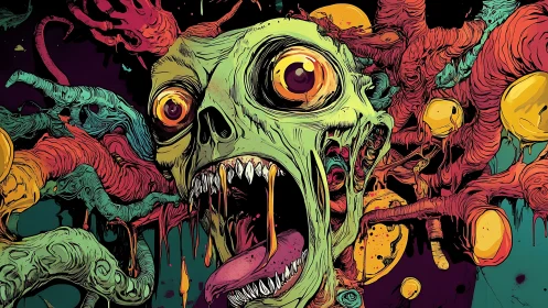 Grotesque neon skull mutates amid chaotic tentacular biomass