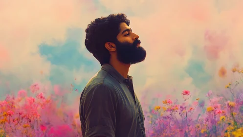 Bearded man in profile amid soft pastel wildflowers.