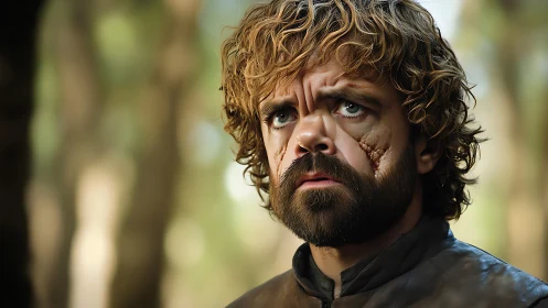 Weathered wanderer with scarred resolve in forest hush.