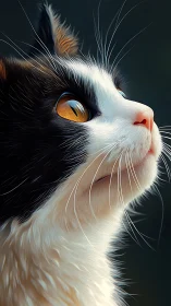 Black and White Cat with Golden Eyes. Digital Portrait.