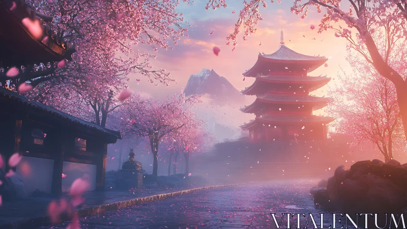 Gentle cherry blossoms framing a tranquil temple at dawn.