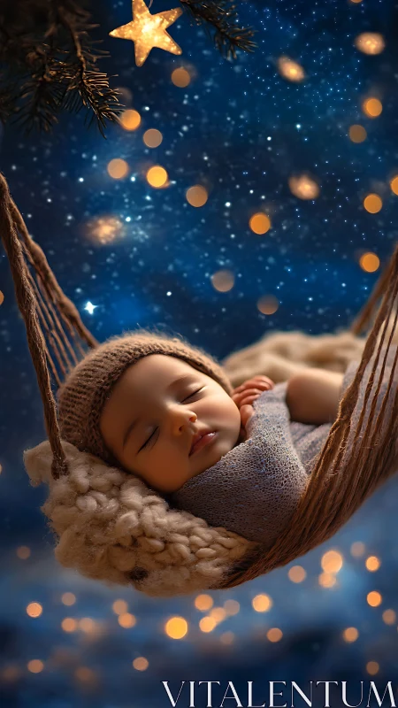 Newborn sleeps in knitted hammock under glowing starry bokeh.