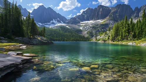 Emerald alpine lake cradled by rugged peaks and whispering pines.