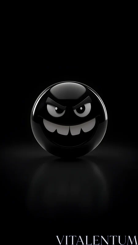 Glossy black emoticon sphere with menacing grin on black