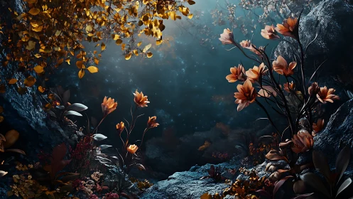 Digital floral environment depicts illuminated blossoms in a grotto