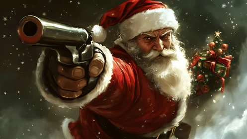 Ballistic Santa portrait with foreshortened revolver focus.