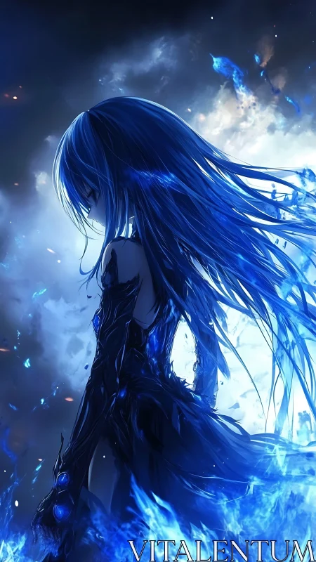 Side-lit blue-haired entity channels volatile elemental energy