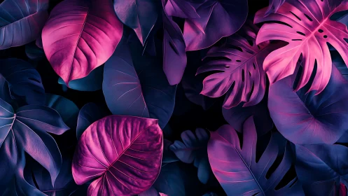Neon tropical foliage with pink and indigo gradient lighting.