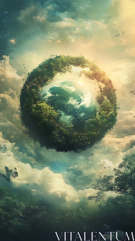 Orbital forest halo cradling a dreamlike floating Earth.