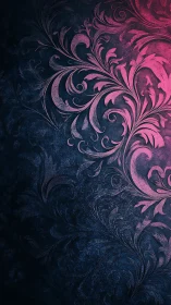 Floral scrollwork emerges in neon magenta over dark grunge field