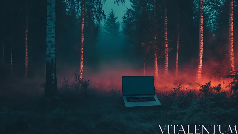 Laptop in foggy birch forest with high contrast cyan-red lighting