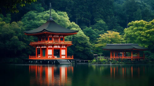 Serene Japanese lakeside temple glows amid lush green forest