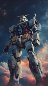 Towering battle mecha stands over blazing cloud horizon