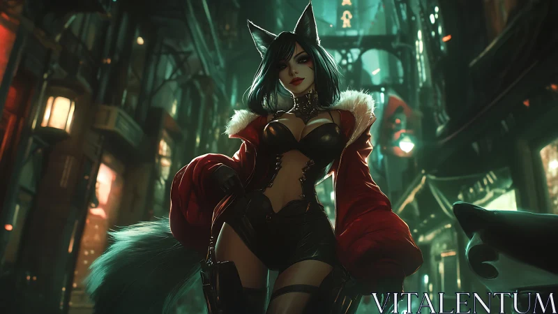 Anthropomorphic fox woman in leather outfit on city street.