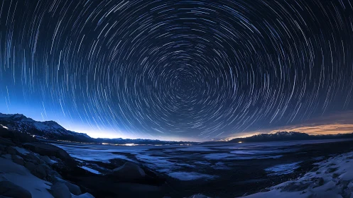 Spiraling star trails swirl above a frozen mountain shoreline