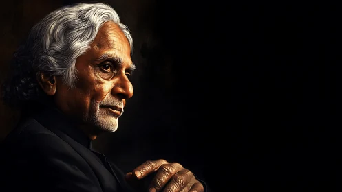 Elderly man in profile against deep black background.