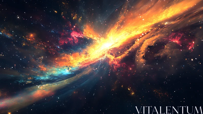 Stellar firestorm unfurls across a painted cosmic night.