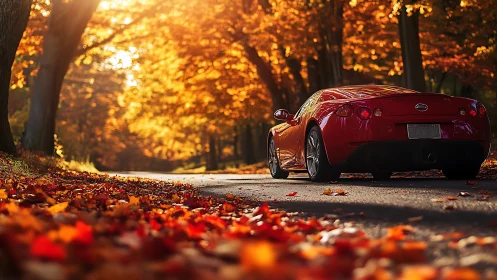 Red sports coupe on autumn forest road in golden backlight