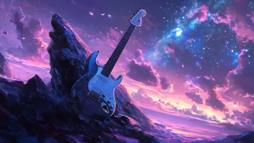 Electric guitar rises under cosmic sky in vivid twilight.