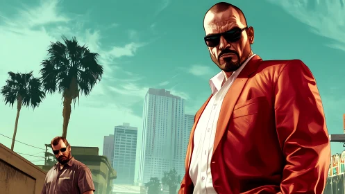 Sunlit crime duo stalks a neon-tinged modern city street