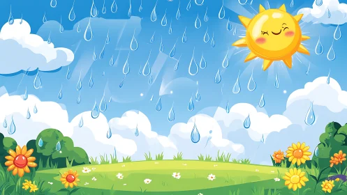 Sunlit raindrops over a smiling meadow between showers.