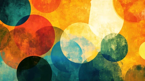 Vibrant Abstract Circles on Textured Yellow and Blue Background.