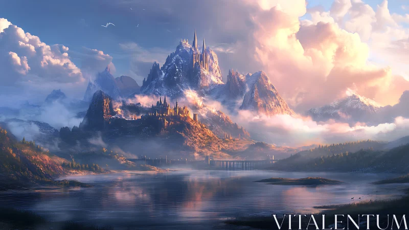 Sunlit mountain citadel crowns misty alpine lake realm.