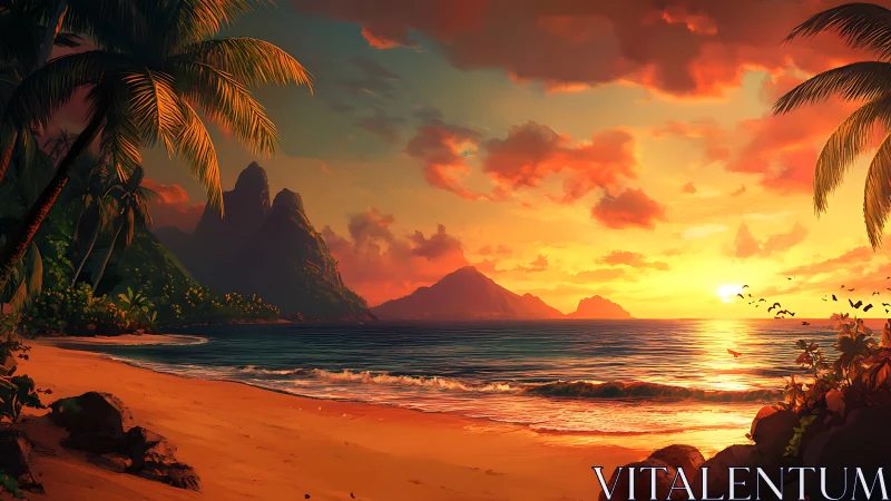 Sunset-illuminated tropical bay with stylized volumetric lighting