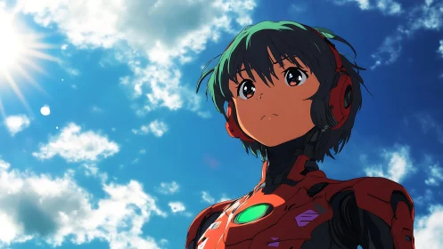 Anime pilot in red exosuit under radiant blue sky.