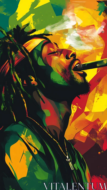 Vibrant digital portrait of relaxed smoker in rasta palette