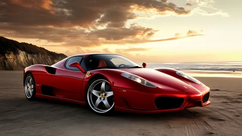 Crimson supercar on coastal sand under cinematic sunset glow.