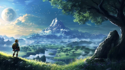 Heroic wanderer overlooking misty fantasy valley at dawn.