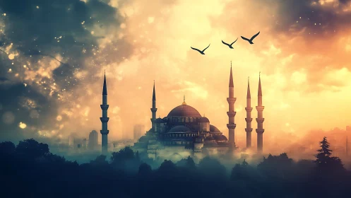 Mystic domed mosque skyline in luminous sunset fog.
