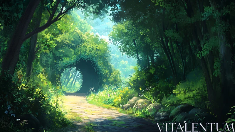 Forest pathway bathed in ethereal sunlight.