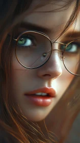 Close-up portrait of a girl with luminous green eyes and glasses.