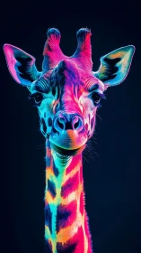 Neon-lit giraffe portrait glows in vivid, electric colors.