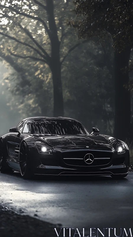 Midnight Mercedes supercar glides through a misty forest road