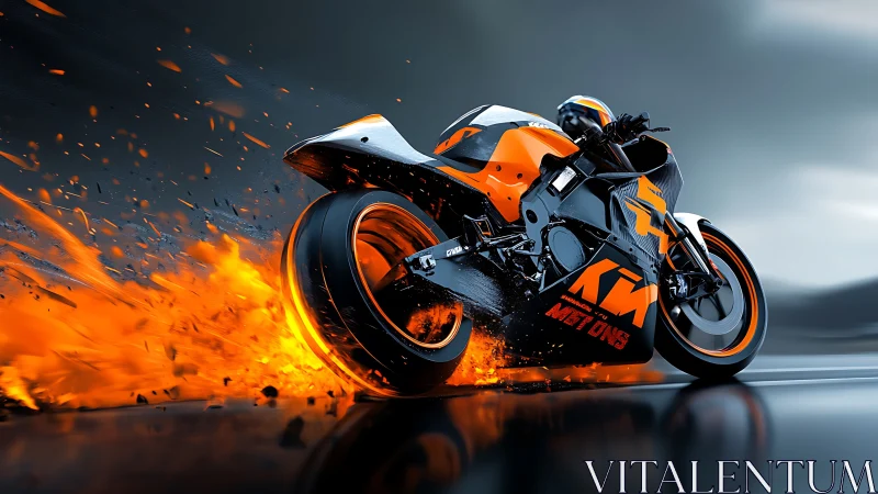 Futuristic orange superbike drifts through molten flame trail.