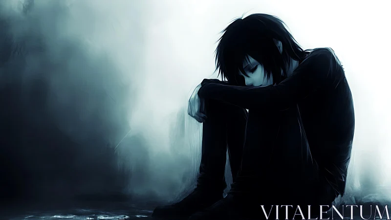 Solitary seated figure occupies a high contrast monochrome space