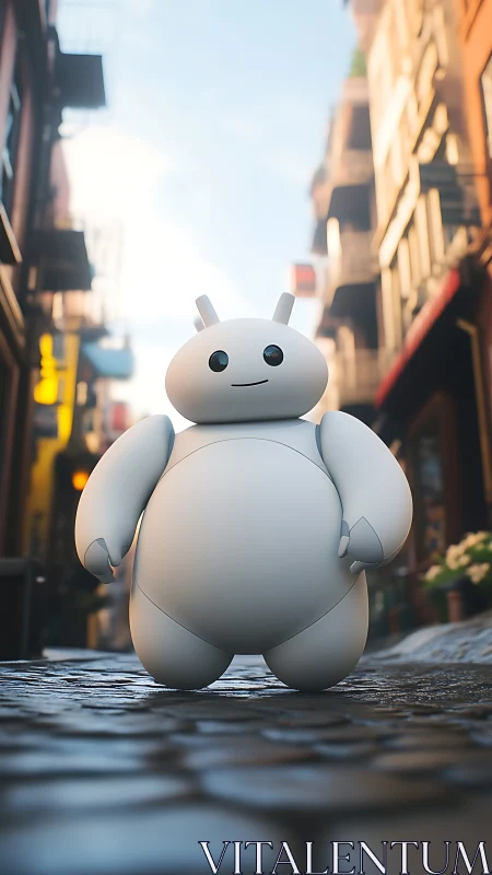 Friendly white robot on cobblestone alley in soft daylight.