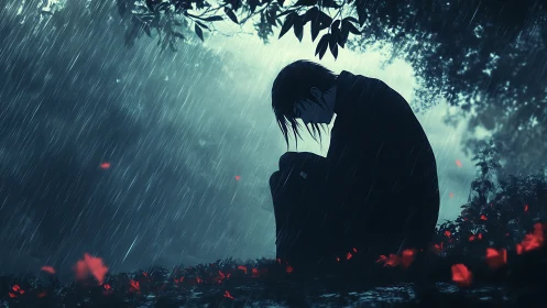 Silhouetted figure sits alone in heavy rain among red flowers.